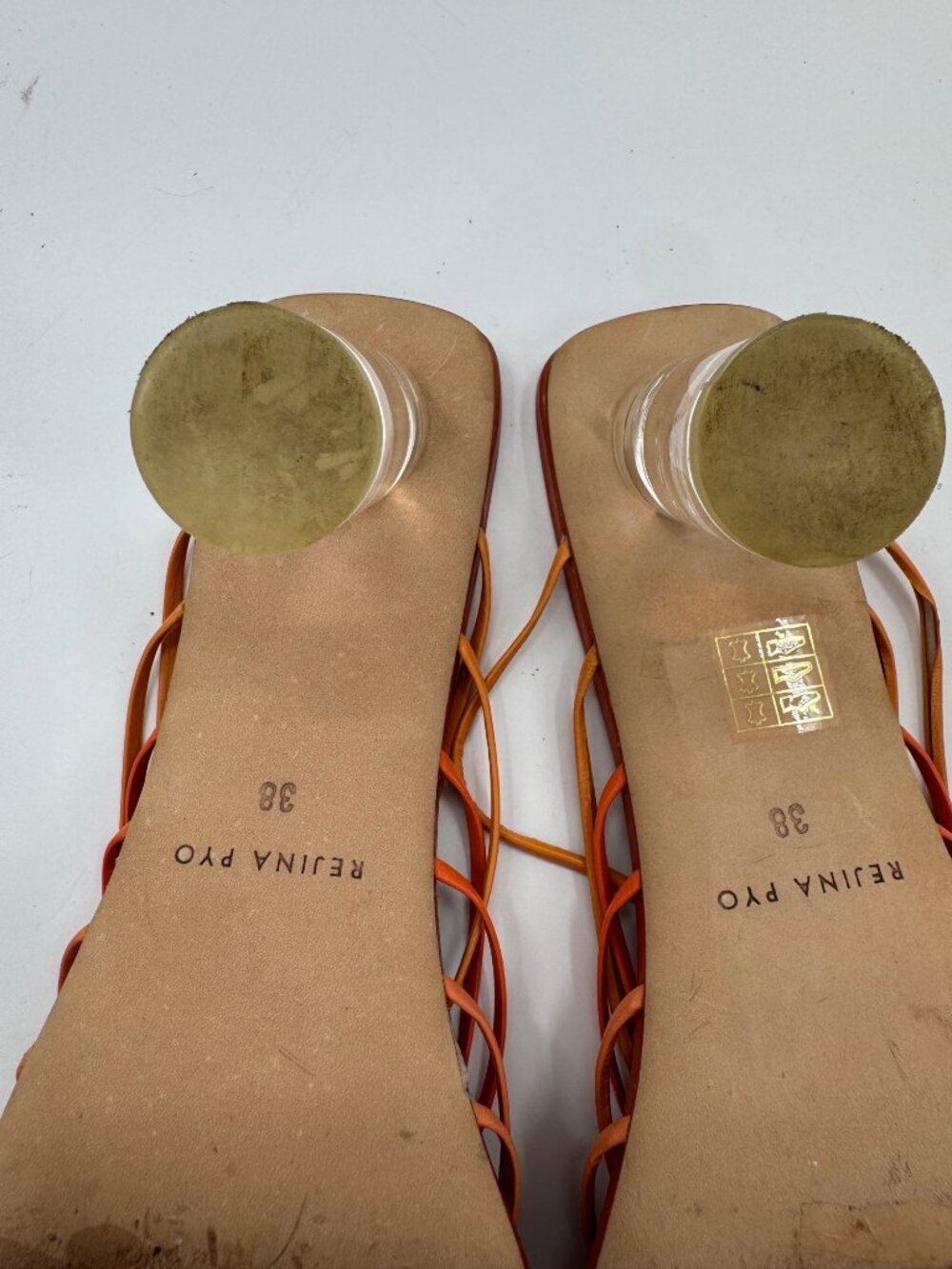 Rejina Pyo Orange Leather Strappy Mule Sandals Clear Lucite Block Heels Size 8 / - Picture 12 of 16
